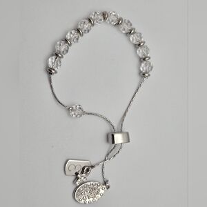 Adjustable Bolo Style Bracelet Clear Faceted Crystal Beads Silver Tone Charms